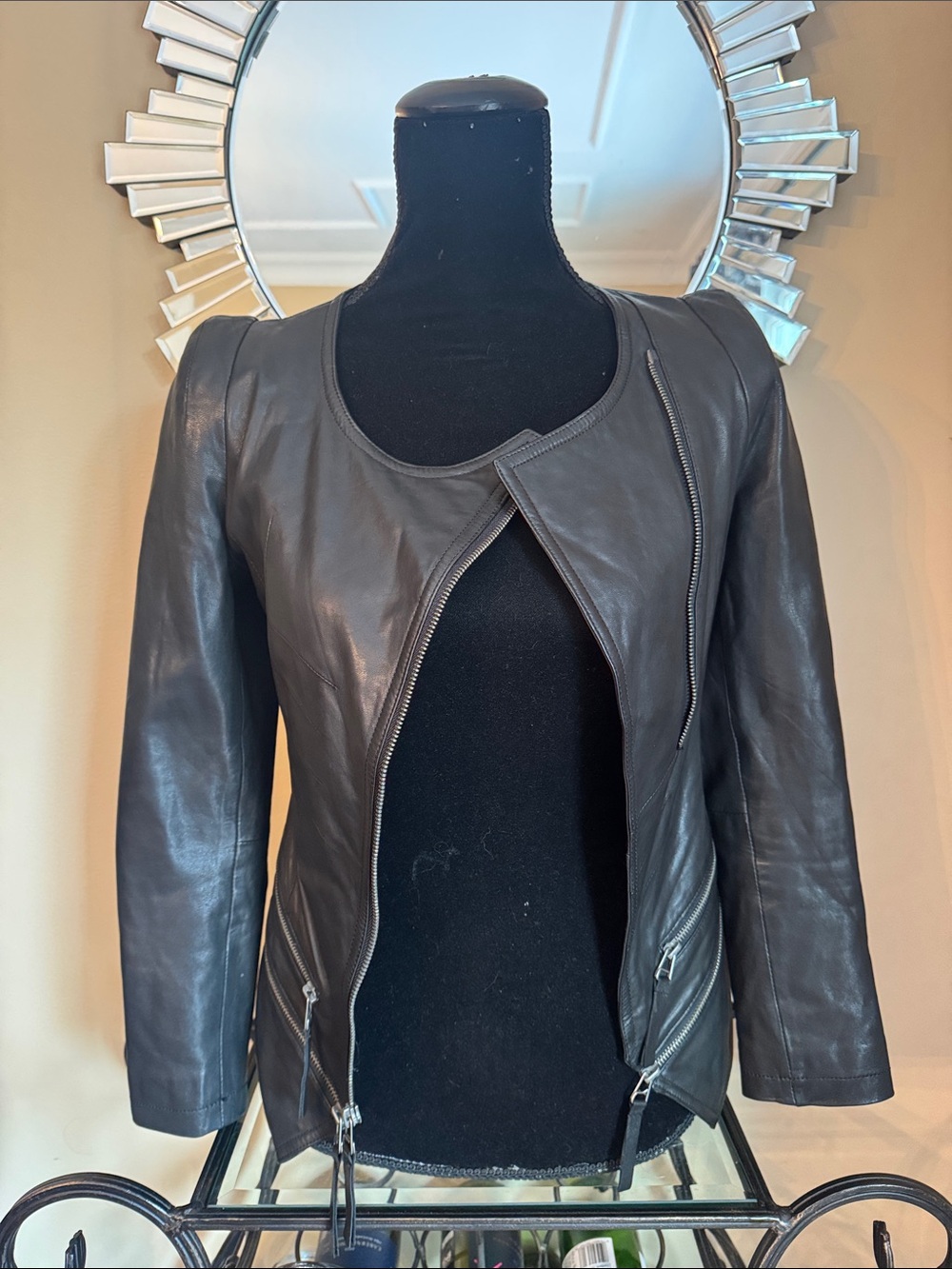 Women's Black Leather Zip-Front Jacket with Asymmetric Detail